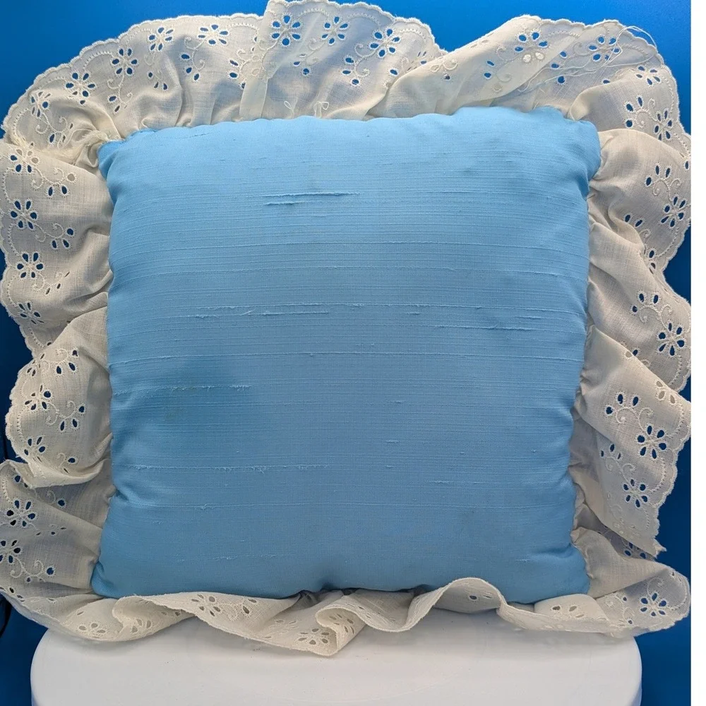 Vintage Cross Stitch Floral Basket Throw Pillow Ivory Eyelet Lace Ruffle Blue